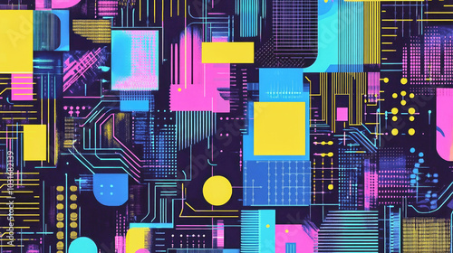 Neon retro futurism seamless pattern showcasing vibrant grids and abstract shapes with metallic accents