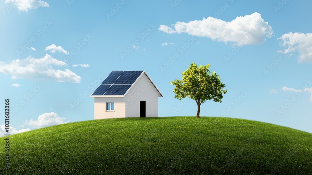 Solar-Powered Eco-Friendly House in the Countryside with Space for Text in the Sky Above Solar-Powered Eco-Friendly House in the Countryside with Space for Text in the Sky Above