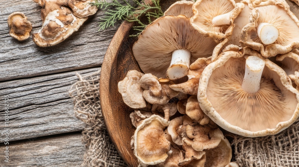Rustic Wooden Bowl Full of Fresh Shiitake Mushrooms Rustic Wooden Bowl Full of Fresh Shiitake Mushrooms
