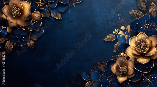 Ramadanthemed background intricate arabesque flowers in gold and deep blue tones The left side of the image offers space for text while the vibrant patterns bring an elegant feel to the design photo