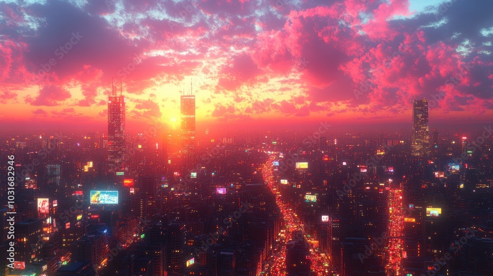 A vibrant city skyline at sunset, showcasing urban life and energy. A vibrant city skyline at sunset, showcasing urban life and energy.