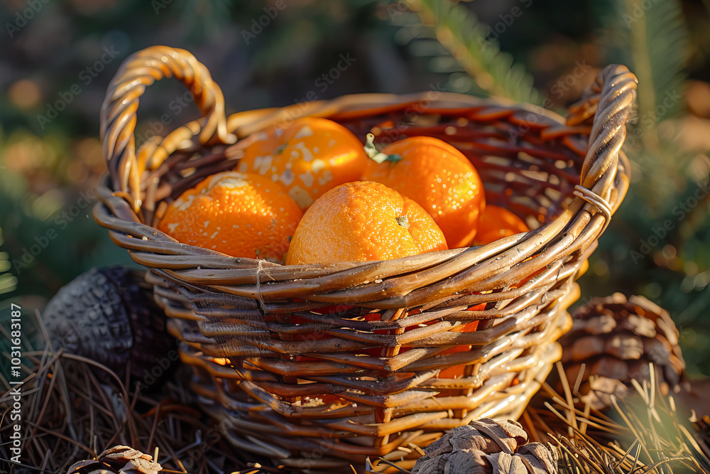 Wicker basket overflowing with oranges for winter solstice celebration Wicker basket overflowing with oranges for winter solstice celebration