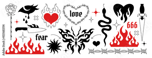 Y2k gothic tattoo sticker set. Neo tribal art elements, trendy goth emo butterfly, fire flame, burning heart, barbed wire, rose flower and tears. Hand drawn neotribal black and red cyber sigilism icon