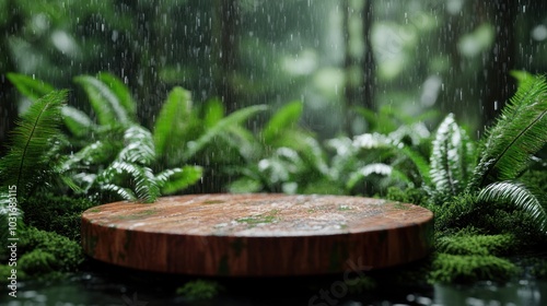 A wooden platform surrounded by lush greenery and rain, evoking a serene natural setting.