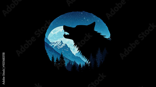 A wolf howls under a moonlit sky, surrounded by mountains and forests at night