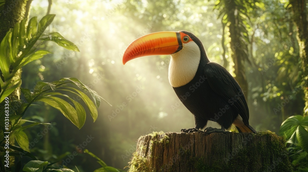 Fototapeta premium A vibrant toucan perched on a stump in a lush, sunlit rainforest.