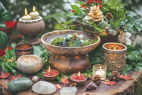 Yule winter solstice home altar decorated with plants, crystals, and candles burning