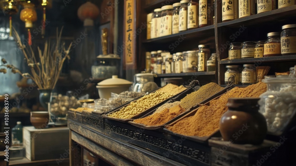 Traditional Chinese Medicine Shop with Herbal Ingredients Traditional Chinese Medicine Shop with Herbal Ingredients