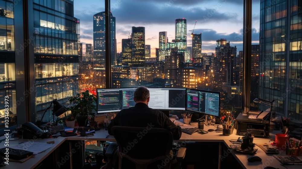 Man Working at a Desk with a City View at Sunset Man Working at a Desk with a City View at Sunset