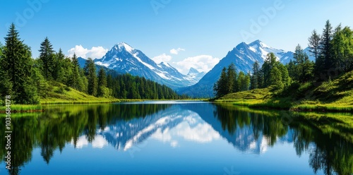 Tranquil mountain lake mirroring lush pine trees under a clear blue sky, a serene escape into nature's beauty.