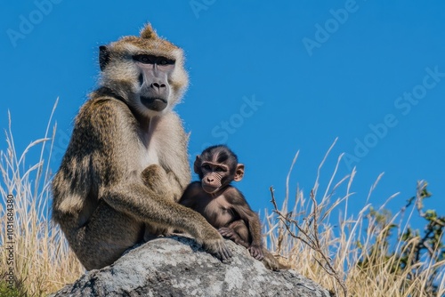 A baboon and its young sit on a rock against a clear blue sky.