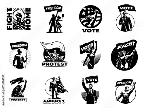 A set of protest emblems. People protest with a flag and a fist