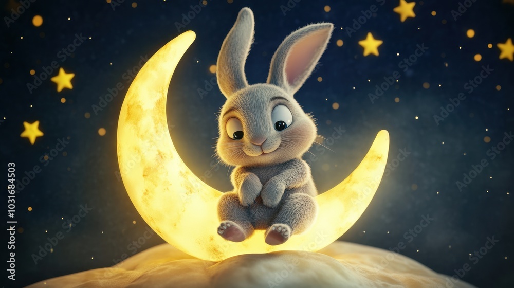 custom made wallpaper toronto digitalAdorable Cartoon Bunny by a Glowing Crescent Moon in a Dreamy Night Scene