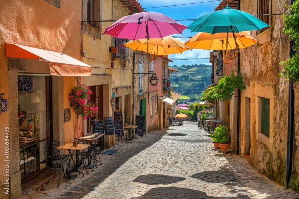 Naklejka premium A charming cobblestone street adorned with colorful umbrellas, inviting visitors to explore.