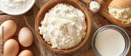 Grated Cheese on Wooden Board with Eggs and Butter Background