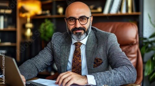 Confident Businessman with a Gray Suit in an Office Setting