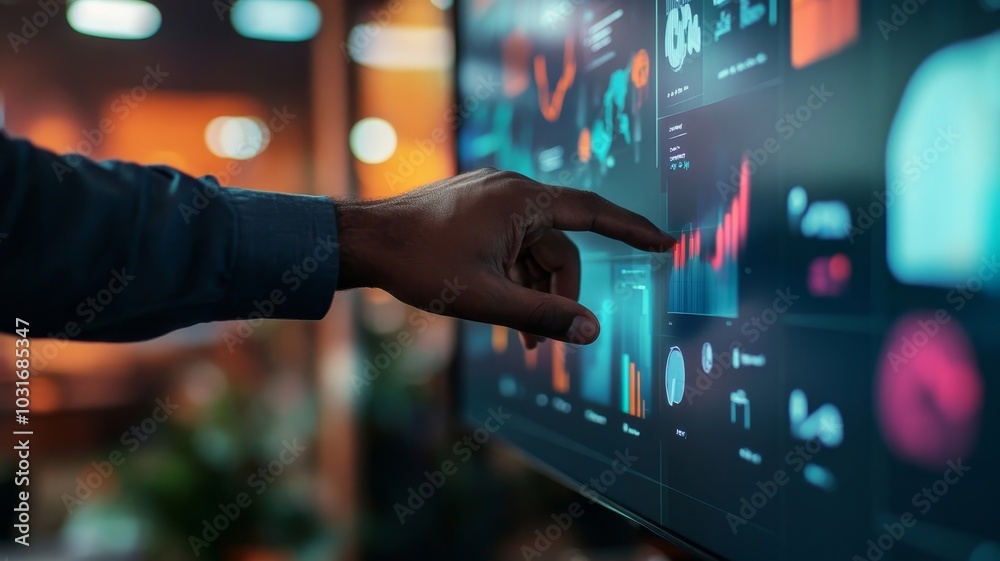 Person touching a screen in a office with floating around charts and icons. Person touching a screen in a office with floating around charts and icons.