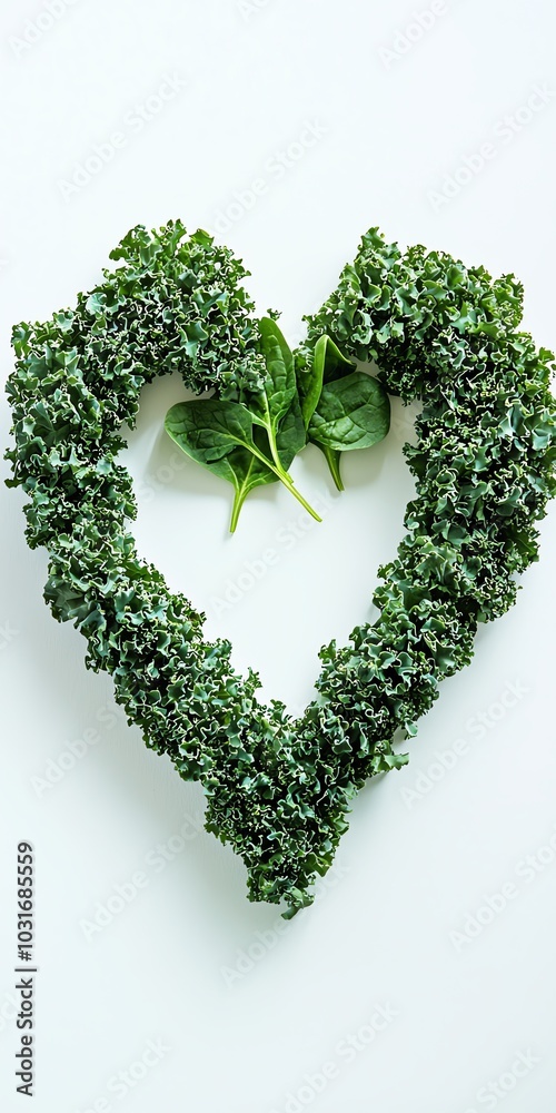 Kale leaves and spinach forming a heart shape on white background Kale leaves and spinach forming a heart shape on white background