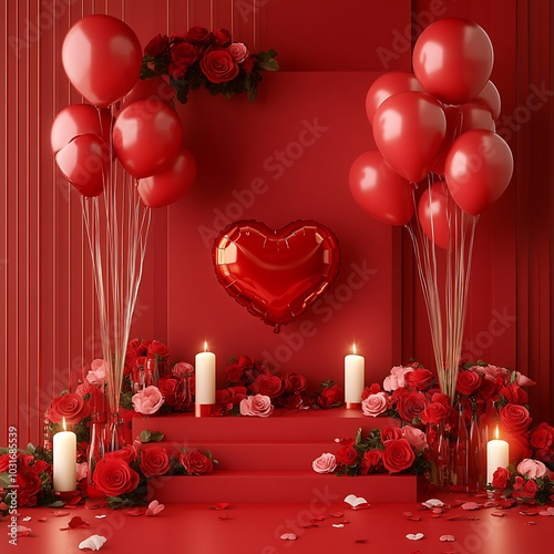 Candlelit room with heart-shaped balloons and roses, perfect for Valentine's Day, isolated on a vibrant red background. photo