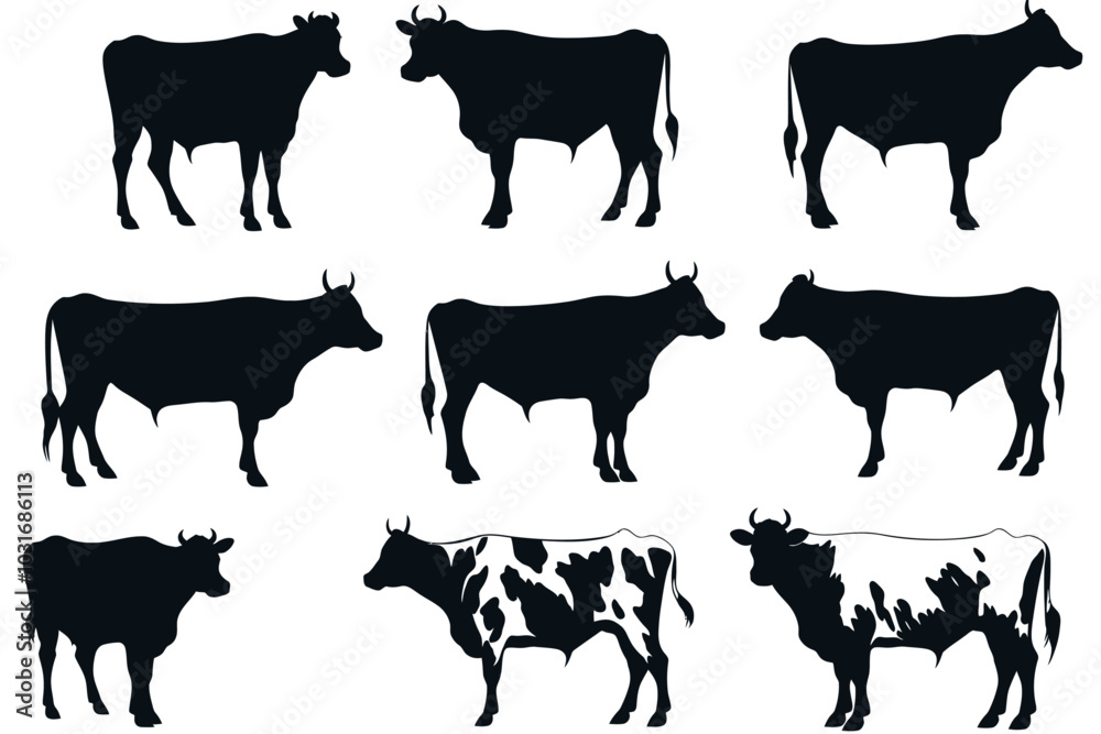 vector silhouette set of cow