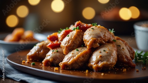 A close-up of a plate of roasted chicken gizzards with a creamy sauce and herbs. photo