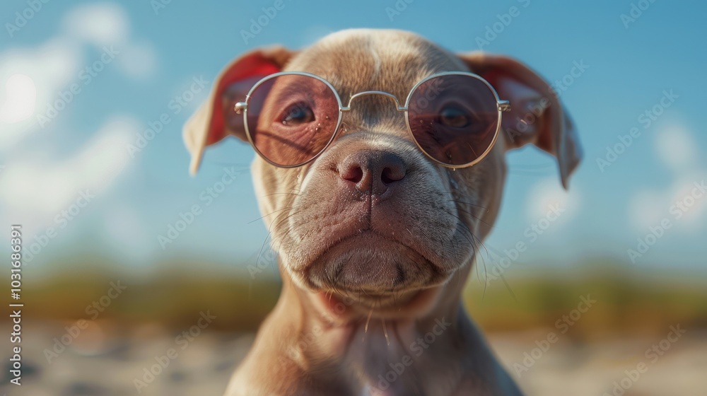 A puppy wearing sunglasses chilling at the beach in summer. A puppy wearing sunglasses chilling at the beach in summer.