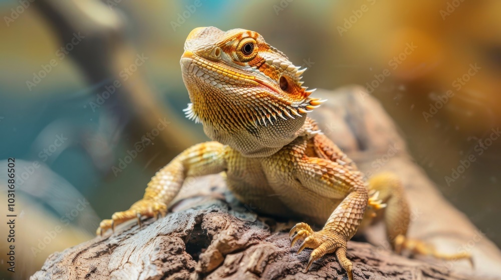 Obraz premium Vivid Close-up of a Bearded Dragon on a Branch