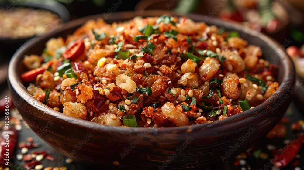 Chili paste, pork rinds on a whole background, close-up Chili paste, pork rinds on a whole background, close-up