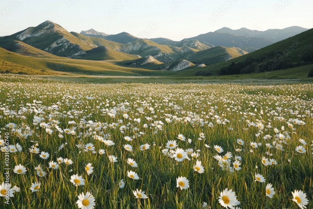 Fototapeta premium In the valley, there is an endless grassland with white daisies blooming on it. The golden light shines down from top to bottom and creates beautiful shadows. 