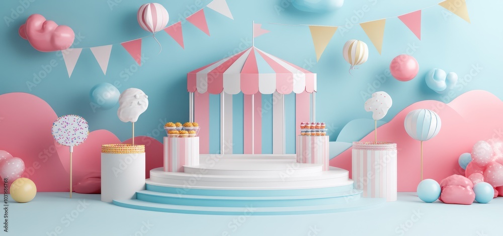 A whimsical carnival scene with pastel colors, featuring decorations and treats. A whimsical carnival scene with pastel colors, featuring decorations and treats.
