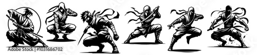 dynamic ninja poses with swords black vector line art