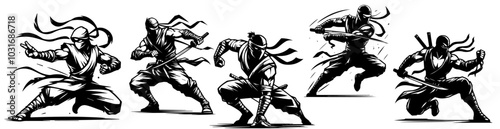 collection of ninja in fighting positions black vector artwork