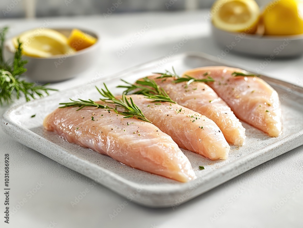 Raw Chicken Breasts with Fresh Herbs and Seasoning on Wooden Board Raw Chicken Breasts with Fresh Herbs and Seasoning on Wooden Board