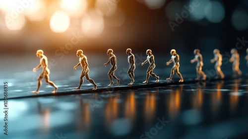 Evolution of humanity depicted through a series of metallic figures, AI