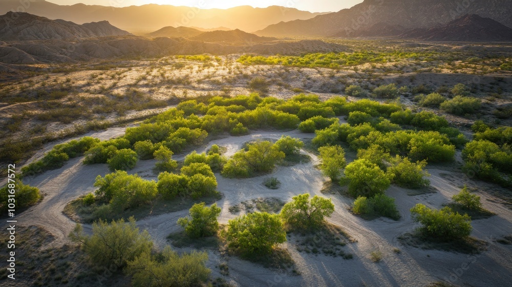 Aerial view of lush greenery amidst arid landscape at sunset, showcasing nature's resilience. Aerial view of lush greenery amidst arid landscape at sunset, showcasing nature's resilience.