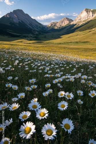 In the valley, there is an endless grassland with white daisies blooming on it. The golden light shines down from top to bottom and creates beautiful shadows.  photo