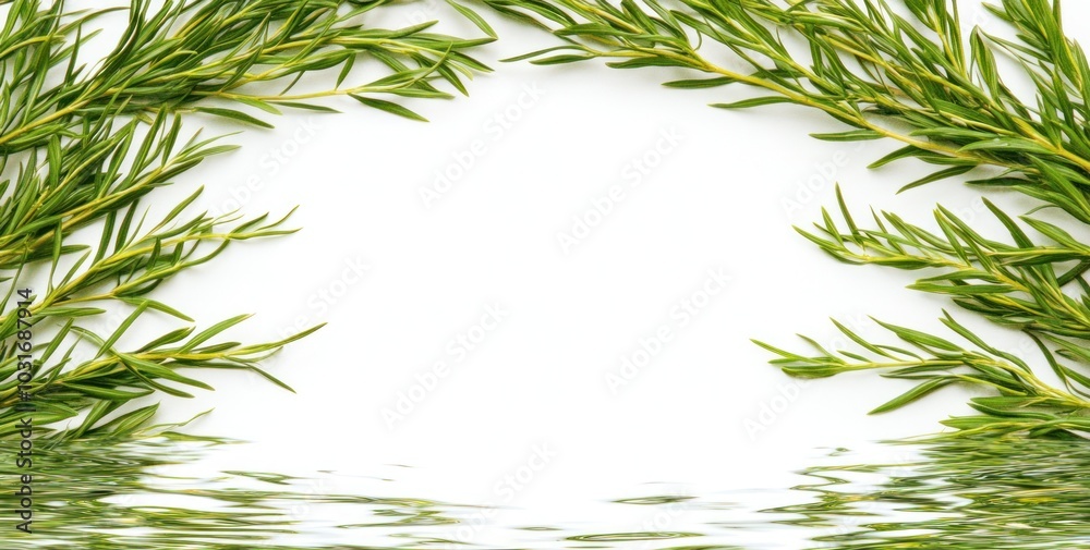 A border of fresh green herbs framing a blank space for text or design. A border of fresh green herbs framing a blank space for text or design.