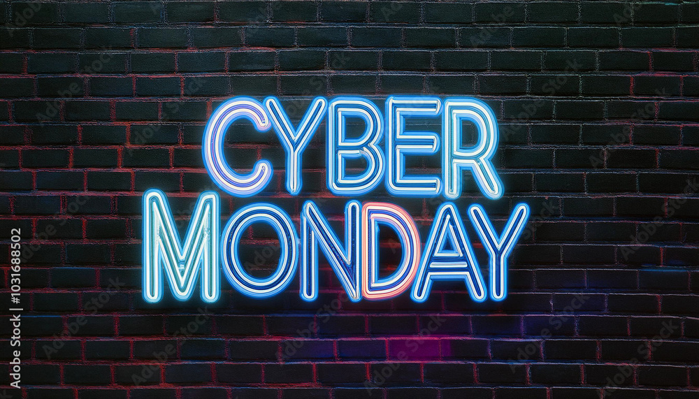 Obraz premium 3D render Cyber Monday Concept banner in fashionable neon style, luminous signboard, nightly advertising of sales rebates of Cyber Monday. Black brick wall. Editing text neon sign.
