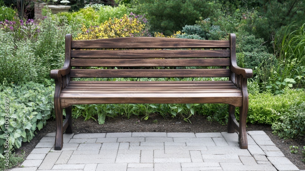 Serene Garden Bench Amongst Lush Greenery Serene Garden Bench Amongst Lush Greenery