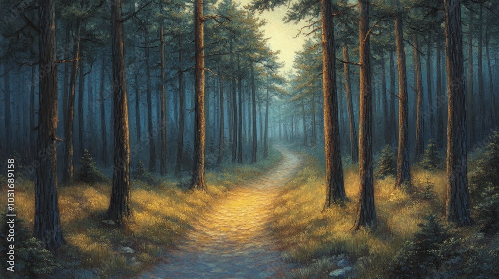 A serene forest path illuminated by soft light, inviting exploration and tranquility. A serene forest path illuminated by soft light, inviting exploration and tranquility.