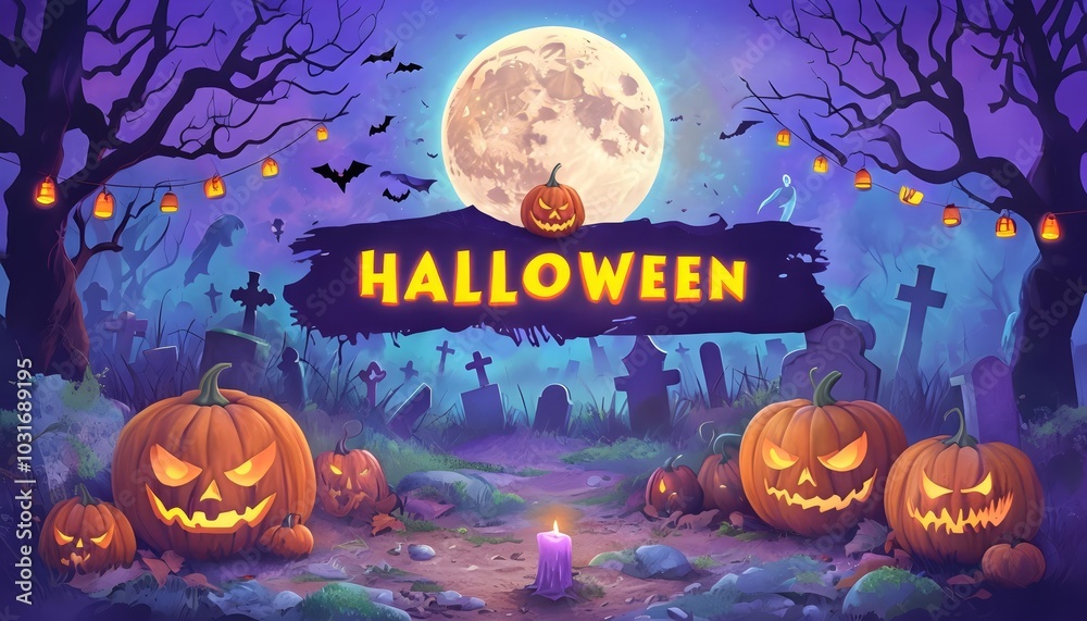 Spooky Halloween night with Jack-o'-lanterns in graveyard, party invitation backdrop Spooky Halloween night with Jack-o'-lanterns in graveyard, party invitation backdrop