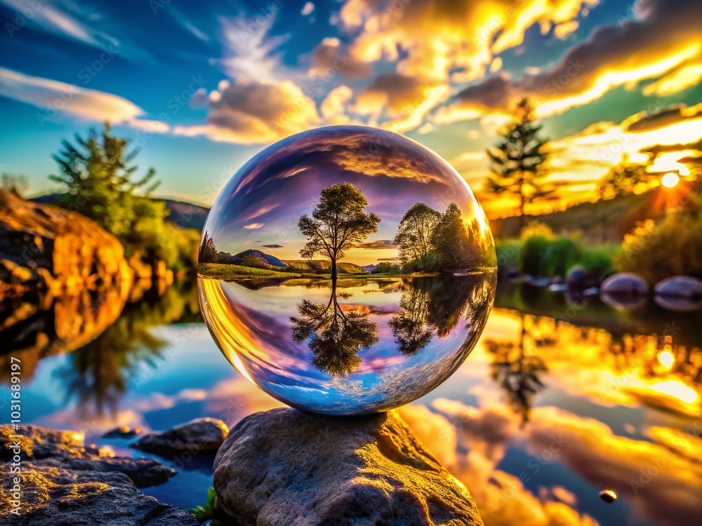 Surreal Glass Ball Reflection: Captivating Transparent Sphere in Dreamlike Landscape Surreal Glass Ball Reflection: Captivating Transparent Sphere in Dreamlike Landscape