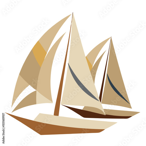 Sailing into the Sunset: Two stylized sailboats glide across a tranquil sea, their sails catching the evening breeze in a minimalist yet evocative design.  