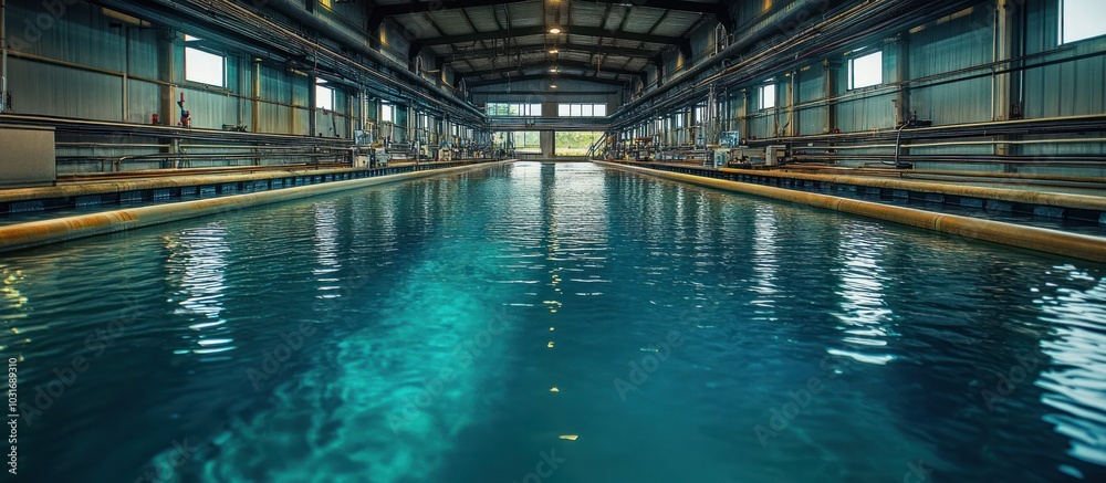A long, narrow pool inside an industrial building.