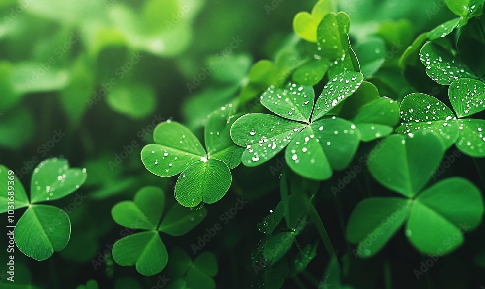 Lush green clovers adorned with droplets of water, evoking freshness. Lush green clovers adorned with droplets of water, evoking freshness.