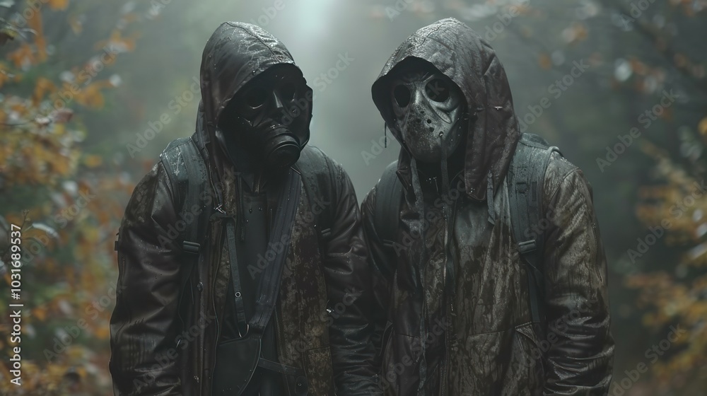 Scary people standing in deep forest, wearing creepy masks and old weird clothes, holding hands. Vintage photo. On Halloween, the season of horror. Scary people standing in deep forest, wearing creepy masks and old weird clothes, holding hands. Vintage photo. On Halloween, the season of horror.
