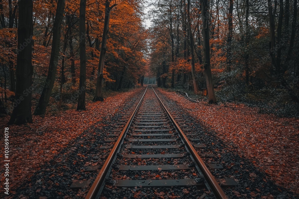 An autumn forest with trees in orange and red leaves, with the ground covered by fallen leaves. The railway tracks go straight through it. An autumn forest with trees in orange and red leaves, with the ground covered by fallen leaves. The railway tracks go straight through it.