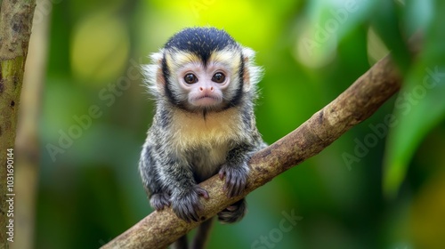 A small, cute monkey with black, yellow, and white fur sits on a branch in a lush, green forest.
