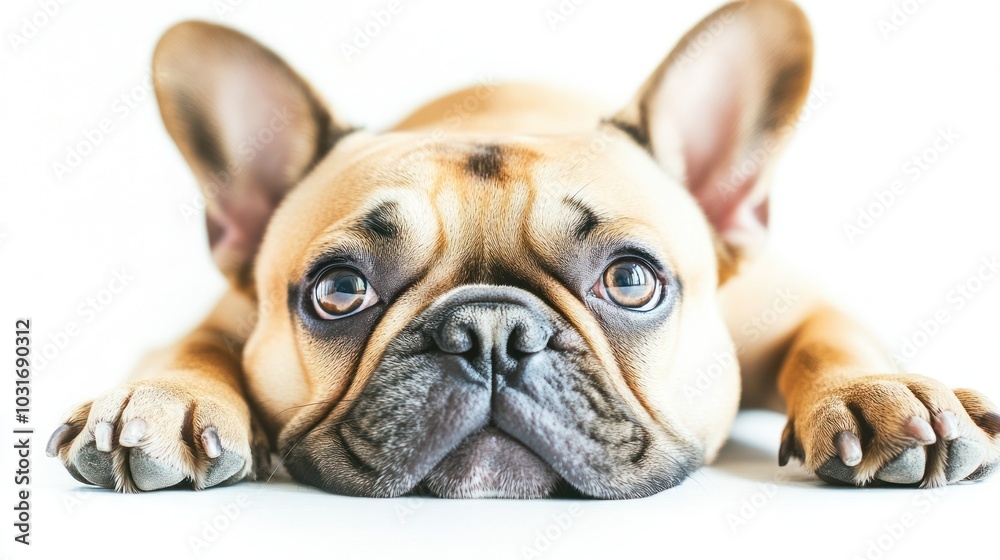 A close-up of a French Bulldog resting on a white surface, showcasing its expressive eyes. A close-up of a French Bulldog resting on a white surface, showcasing its expressive eyes.