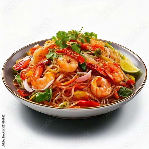 Generates delicious Yam Woon Sen in a beautiful dish isolated on white background; Spicy glass noodle salad with seafood and vegetables.